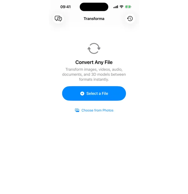 Transforma home screen — select a file to convert