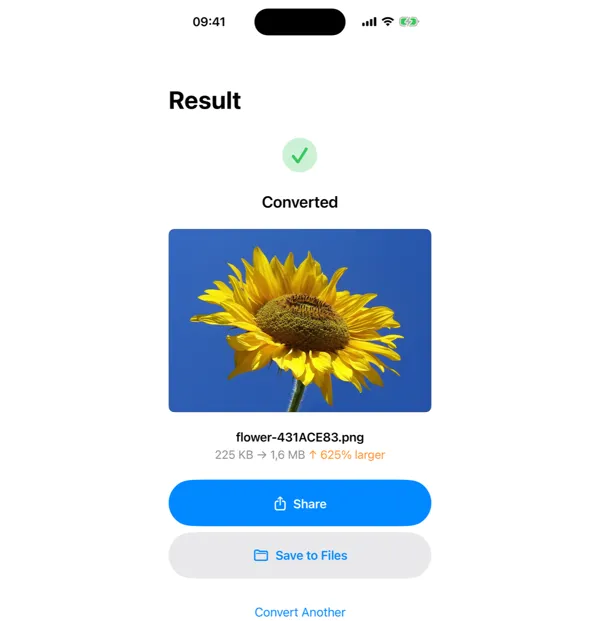 Transforma conversion result with Share and Save options